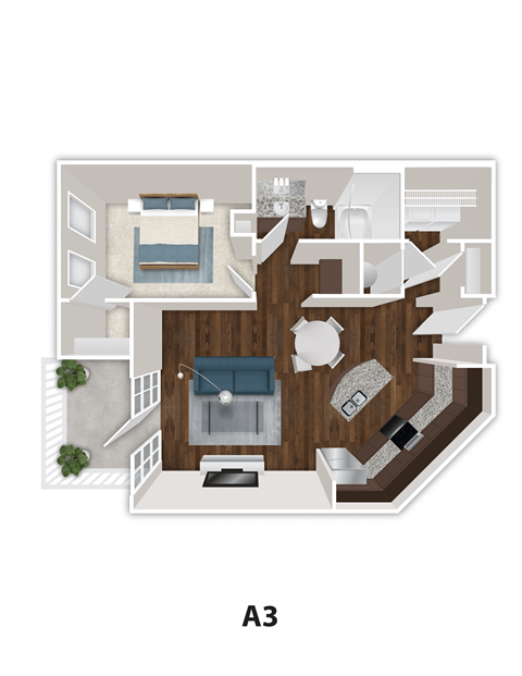 A 3D floor plan of a house with labeled rooms.